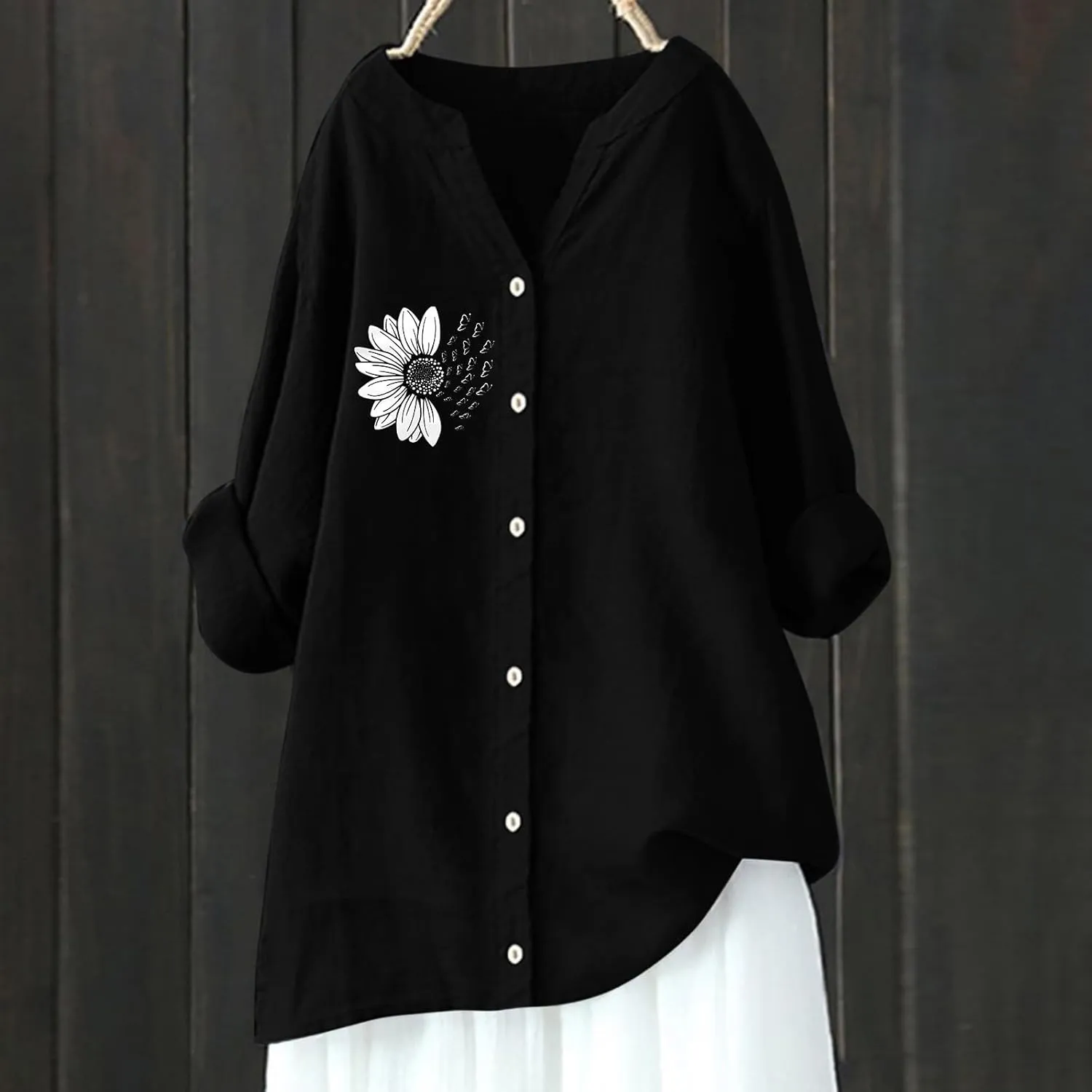 Linen Shirt Womens Roll Half Sleeve Button-up Casual Dress Front Floral Graphic Chic Shirt Aesthetics Elegant Blouse