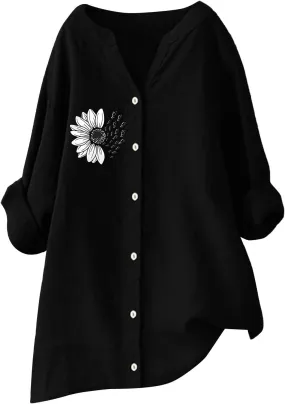 Linen Shirt Womens Roll Half Sleeve Button-up Casual Dress Front Floral Graphic Chic Shirt Aesthetics Elegant Blouse