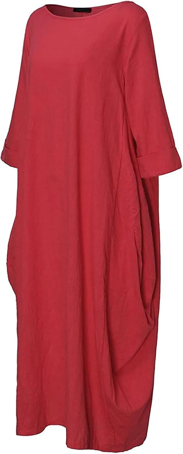Long Sleeve Dress for Women Cotton Linen Long Dresses with Pockets Round Neck Plus Size Summer Dresses Maxi Dress