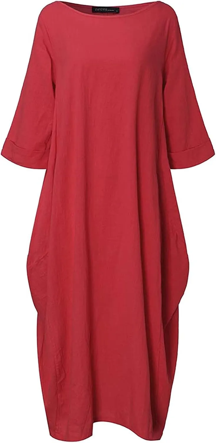 Long Sleeve Dress for Women Cotton Linen Long Dresses with Pockets Round Neck Plus Size Summer Dresses Maxi Dress
