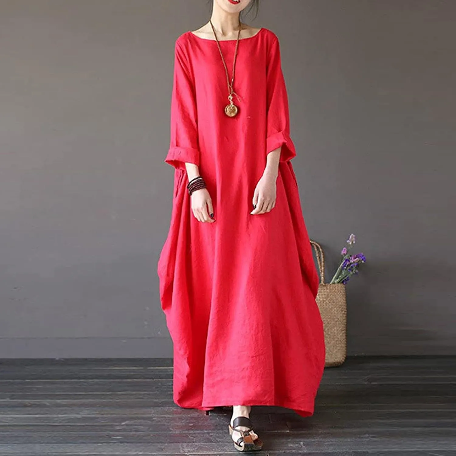 Long Sleeve Dress for Women Cotton Linen Long Dresses with Pockets Round Neck Plus Size Summer Dresses Maxi Dress