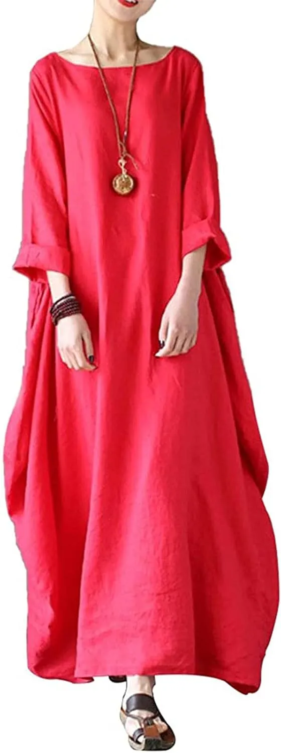 Long Sleeve Dress for Women Cotton Linen Long Dresses with Pockets Round Neck Plus Size Summer Dresses Maxi Dress