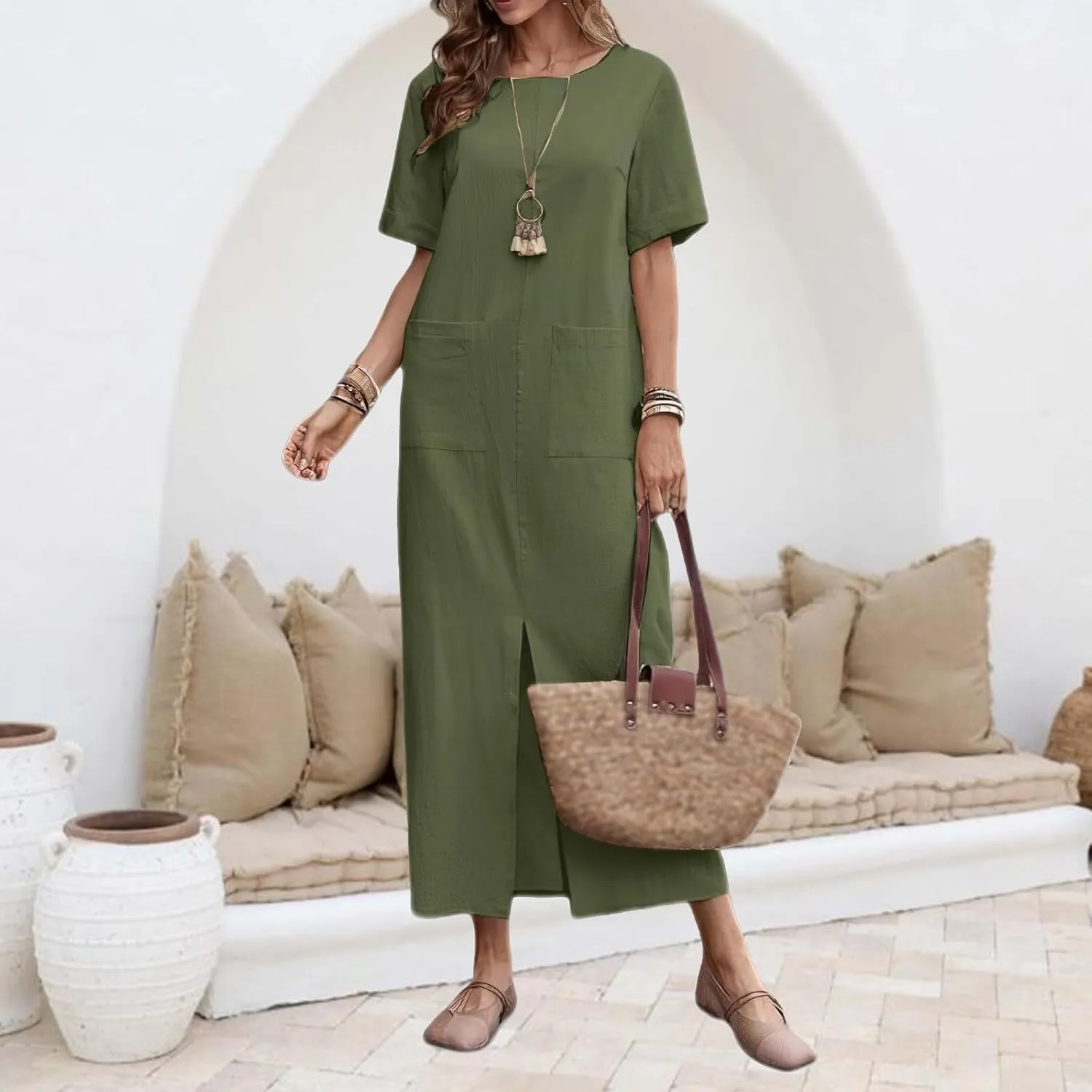 Long Summer Dresses for Women Cotton Linen Dress Casual Tshirt Dress Short Sleeve Beach Vacation Sundress with Pockets