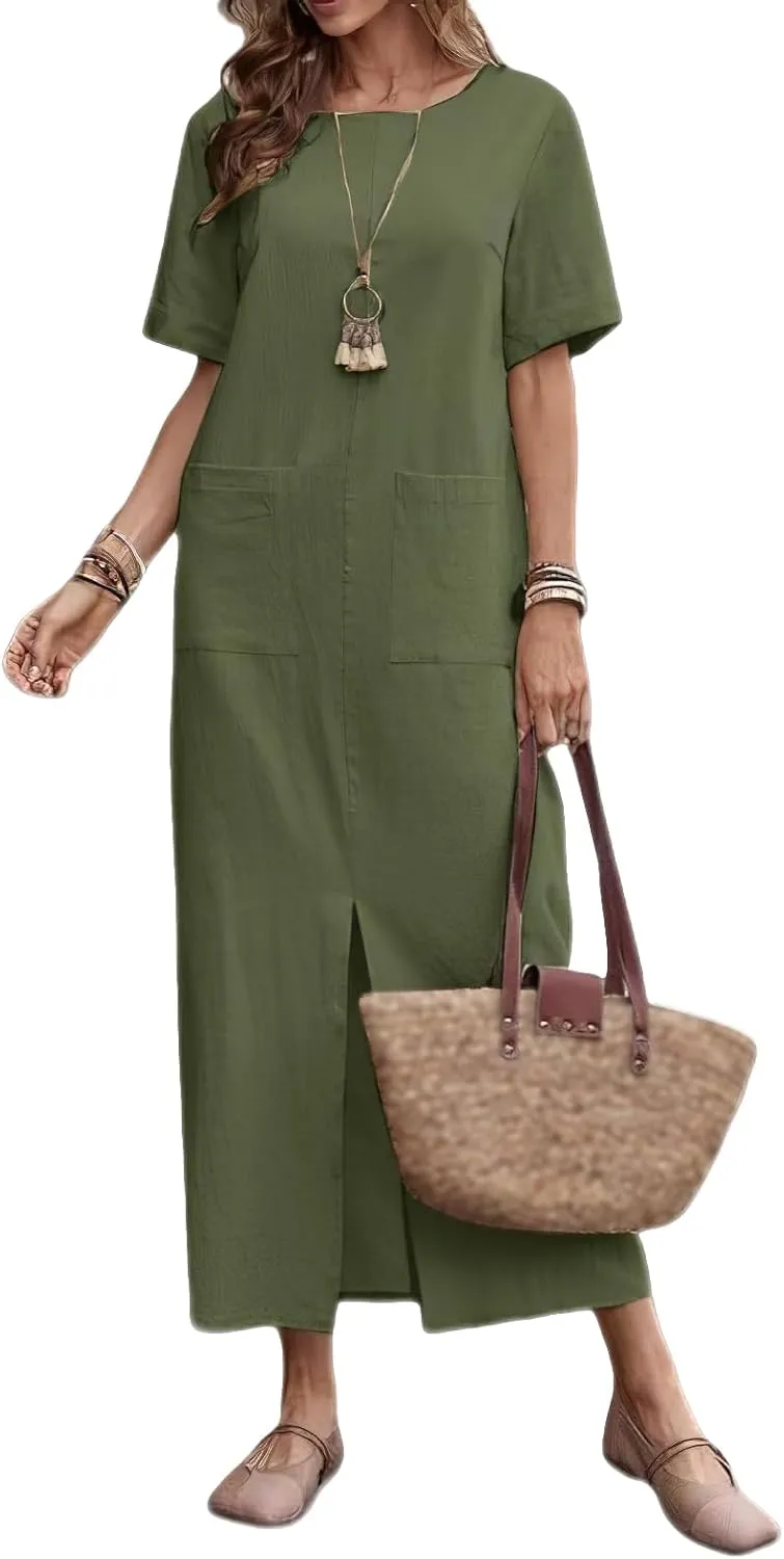 Long Summer Dresses for Women Cotton Linen Dress Casual Tshirt Dress Short Sleeve Beach Vacation Sundress with Pockets