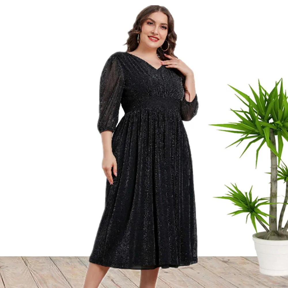 Luexco Black Shimmer Dress V-neck