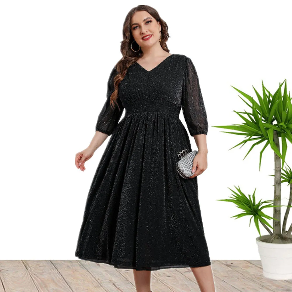 Luexco Black Shimmer Dress V-neck