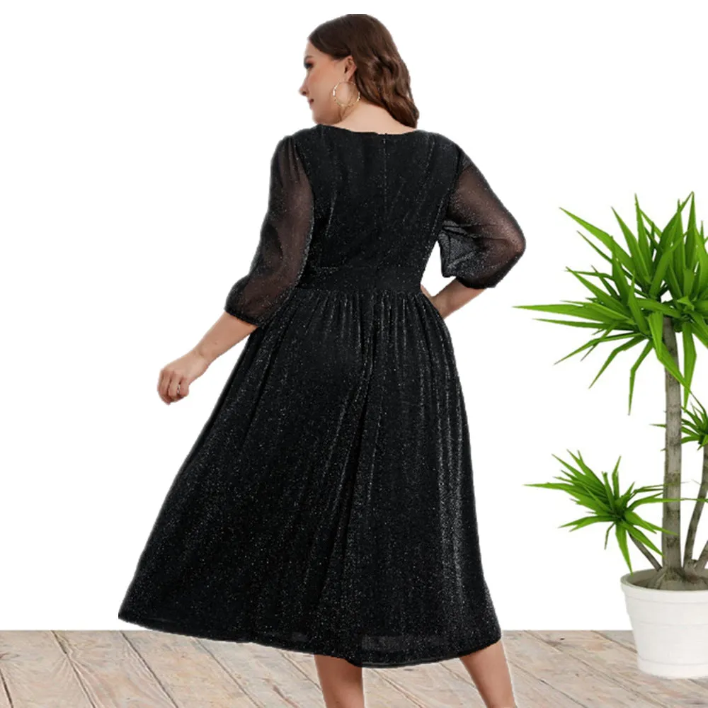 Luexco Black Shimmer Dress V-neck