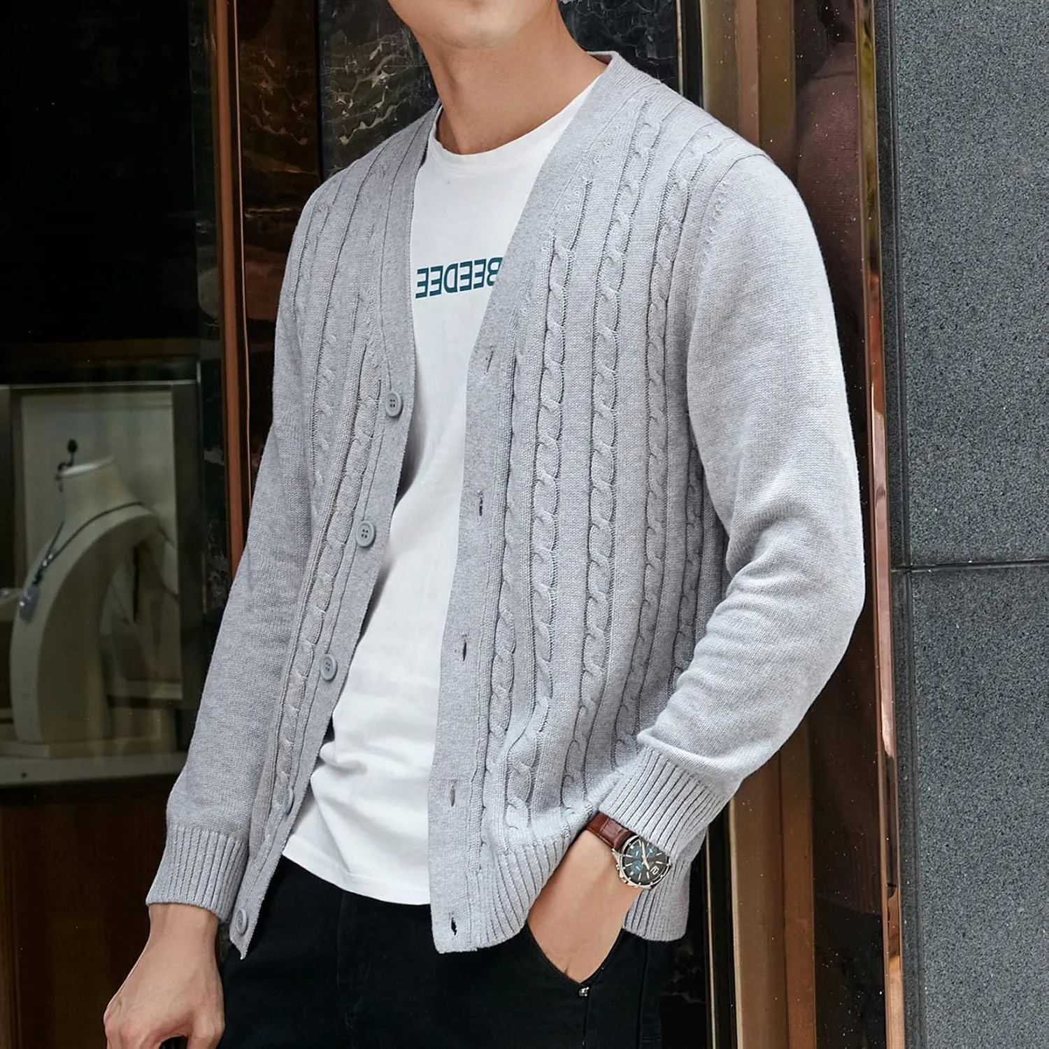 Lu's Chic Men's Long Sleeve Cardigan Sweater V Neck Chunky Cable Knit Sweaters with Buttons