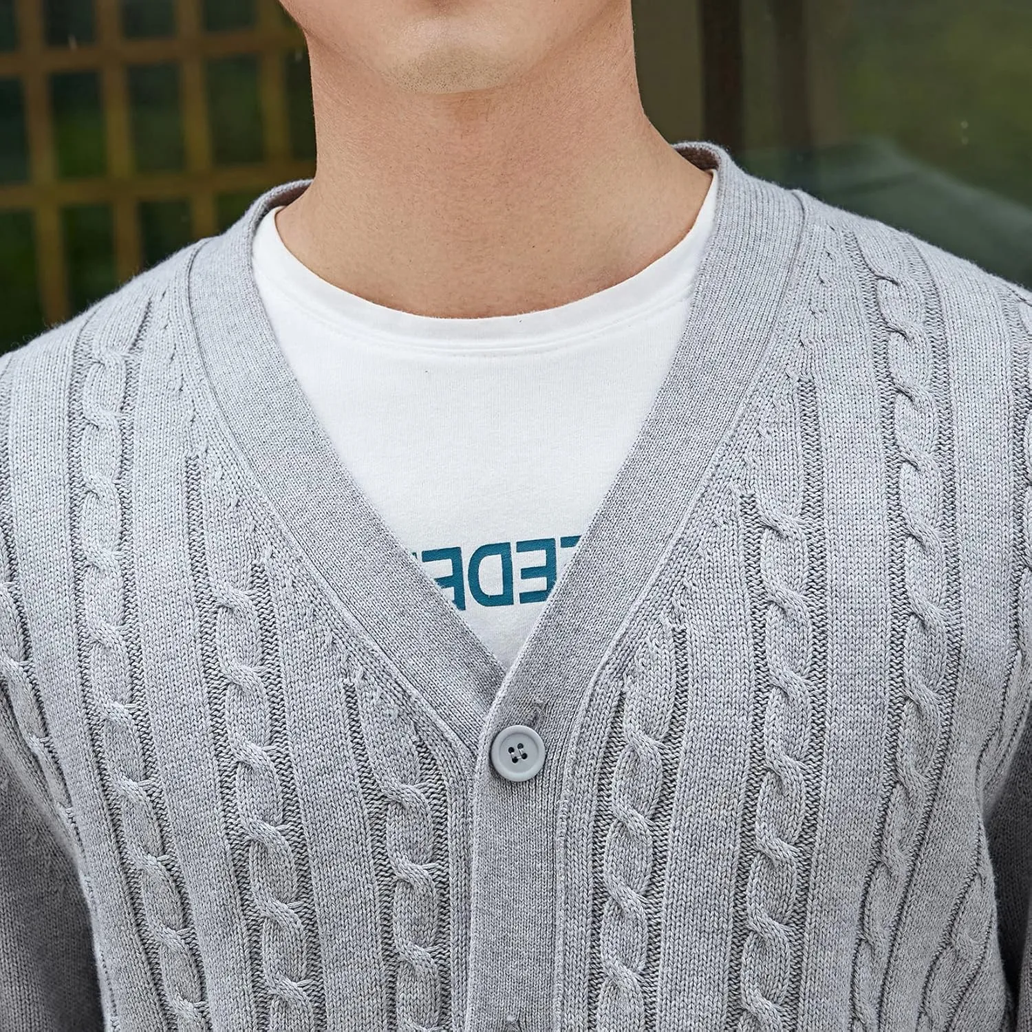 Lu's Chic Men's Long Sleeve Cardigan Sweater V Neck Chunky Cable Knit Sweaters with Buttons