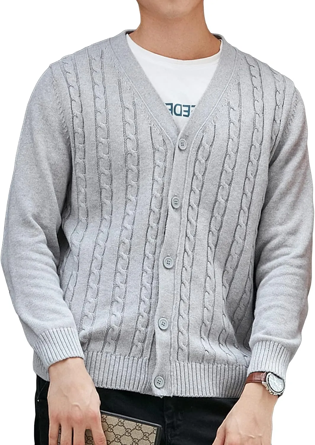 Lu's Chic Men's Long Sleeve Cardigan Sweater V Neck Chunky Cable Knit Sweaters with Buttons