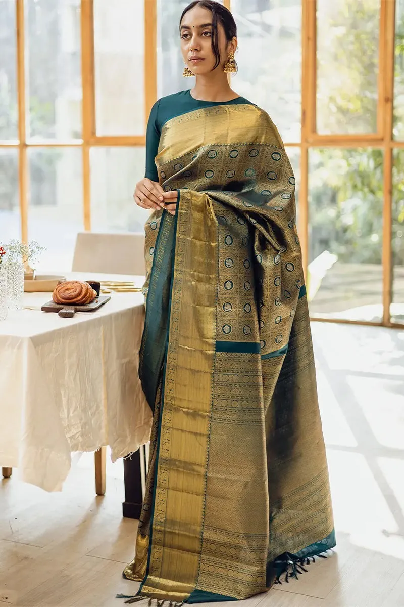 Majesty Dark Green Soft Silk Saree With Exemplary Blouse Piece
