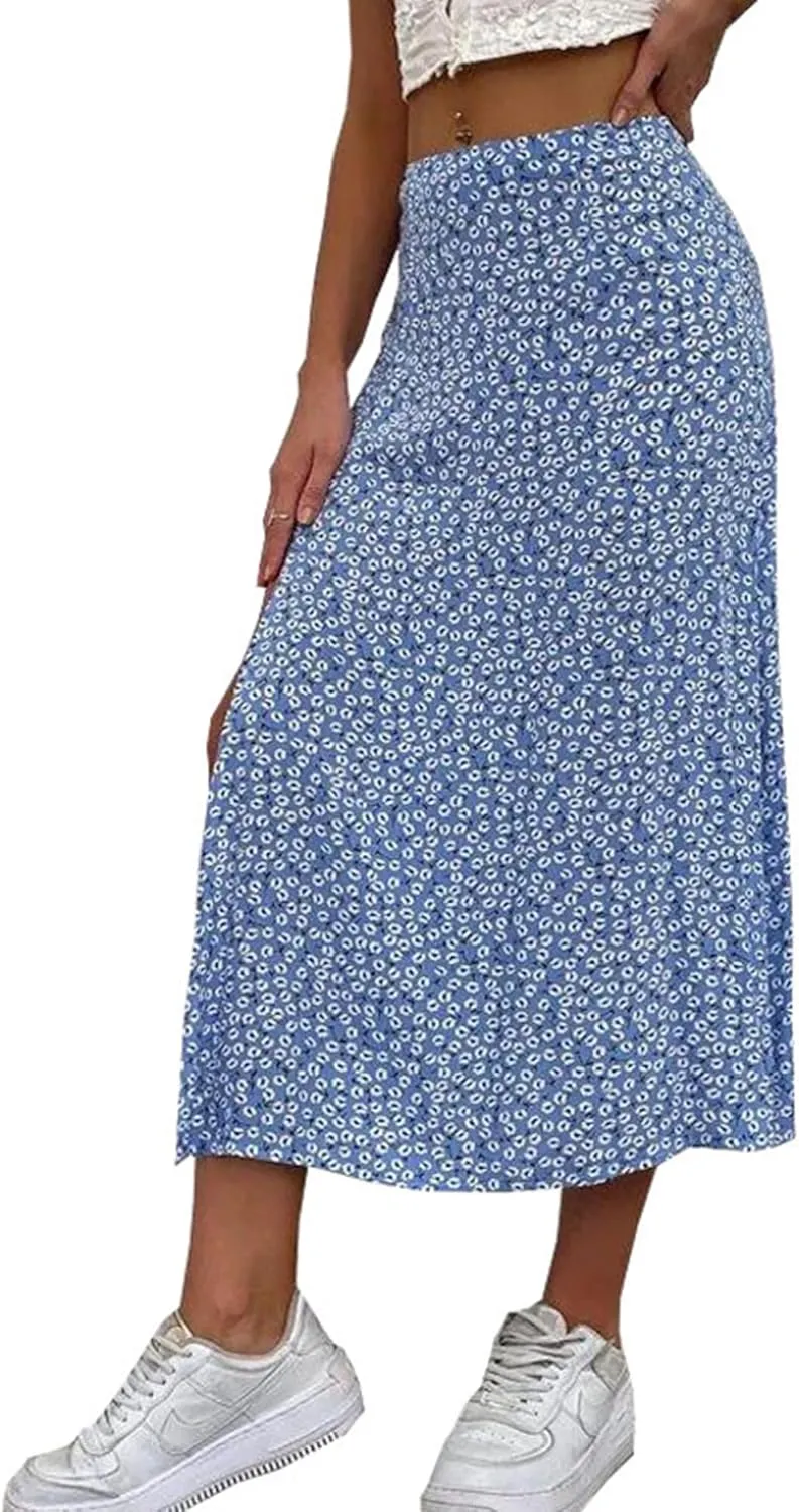 Melliflo Women's Boho Floral High Waist A Line Midi Skirt Summer Trendy Flowy Long Beach Maxi Skirt with Slit 2025