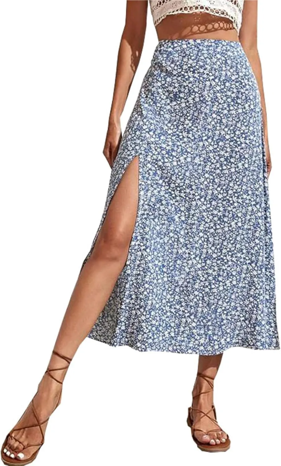 Melliflo Women's Boho Floral High Waist A Line Midi Skirt Summer Trendy Flowy Long Beach Maxi Skirt with Slit 2025