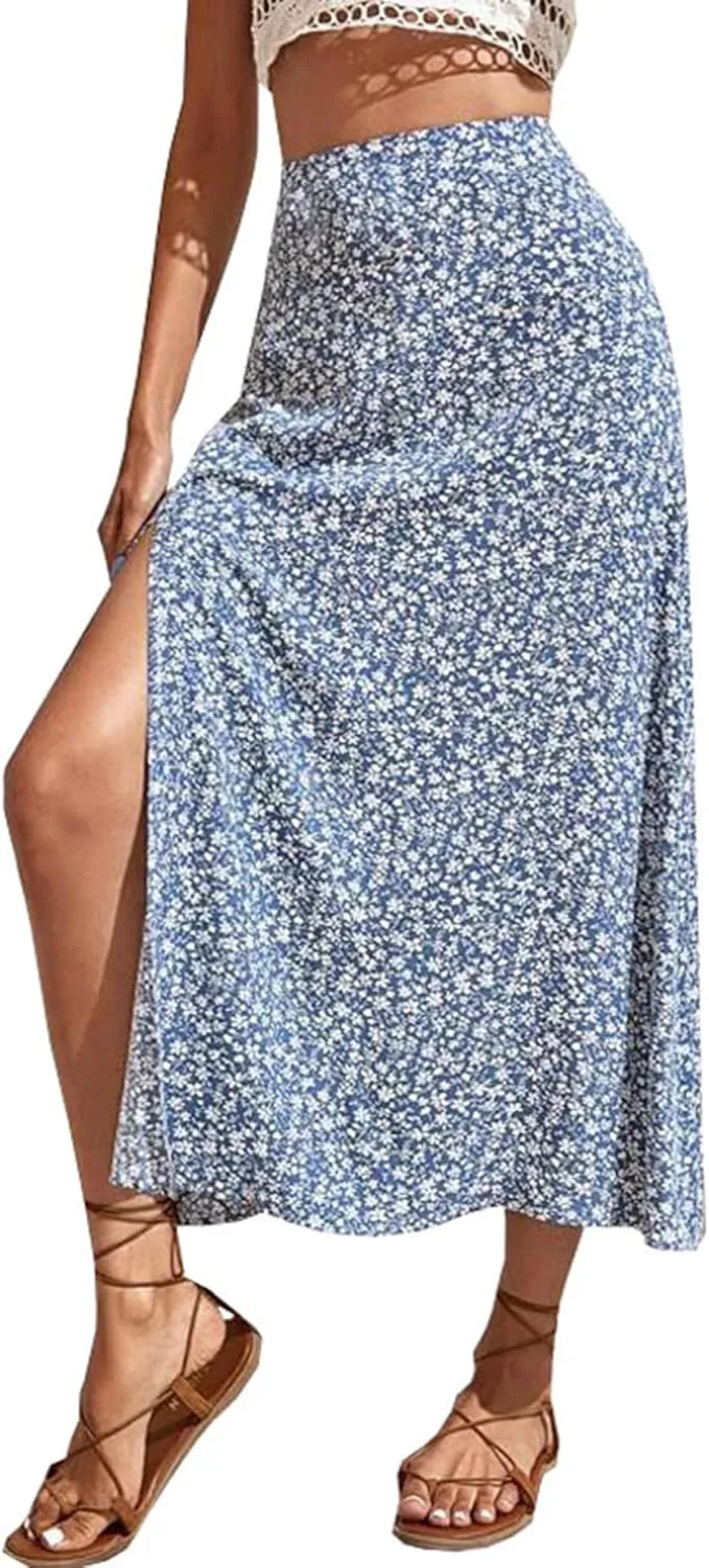 Melliflo Women's Boho Floral High Waist A Line Midi Skirt Summer Trendy Flowy Long Beach Maxi Skirt with Slit 2025