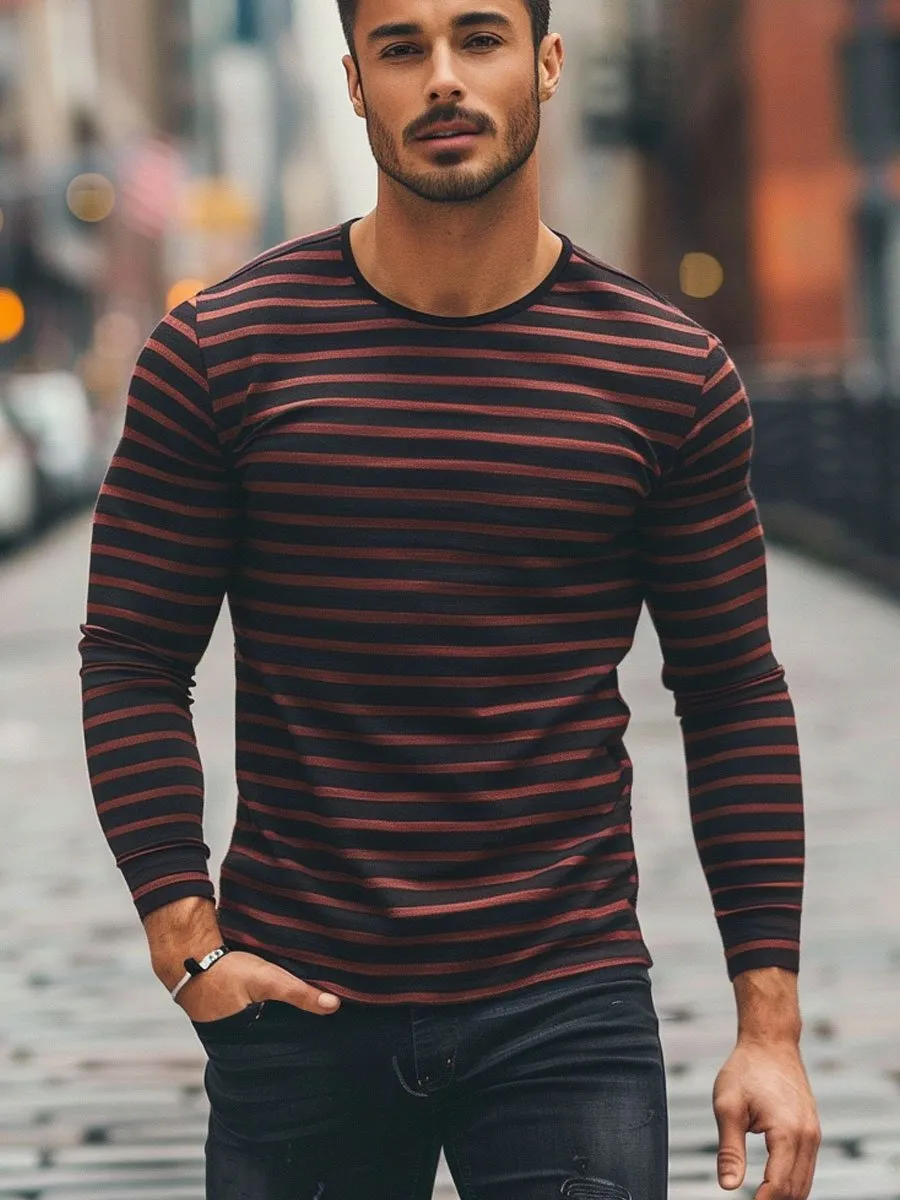 Men's Contrast Stripe Print Crew Neck Long Sleeve T-Shirt
