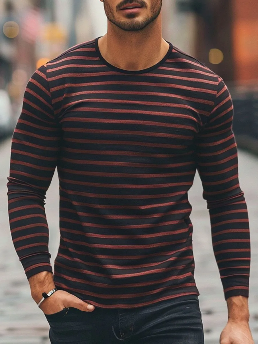Men's Contrast Stripe Print Crew Neck Long Sleeve T-Shirt