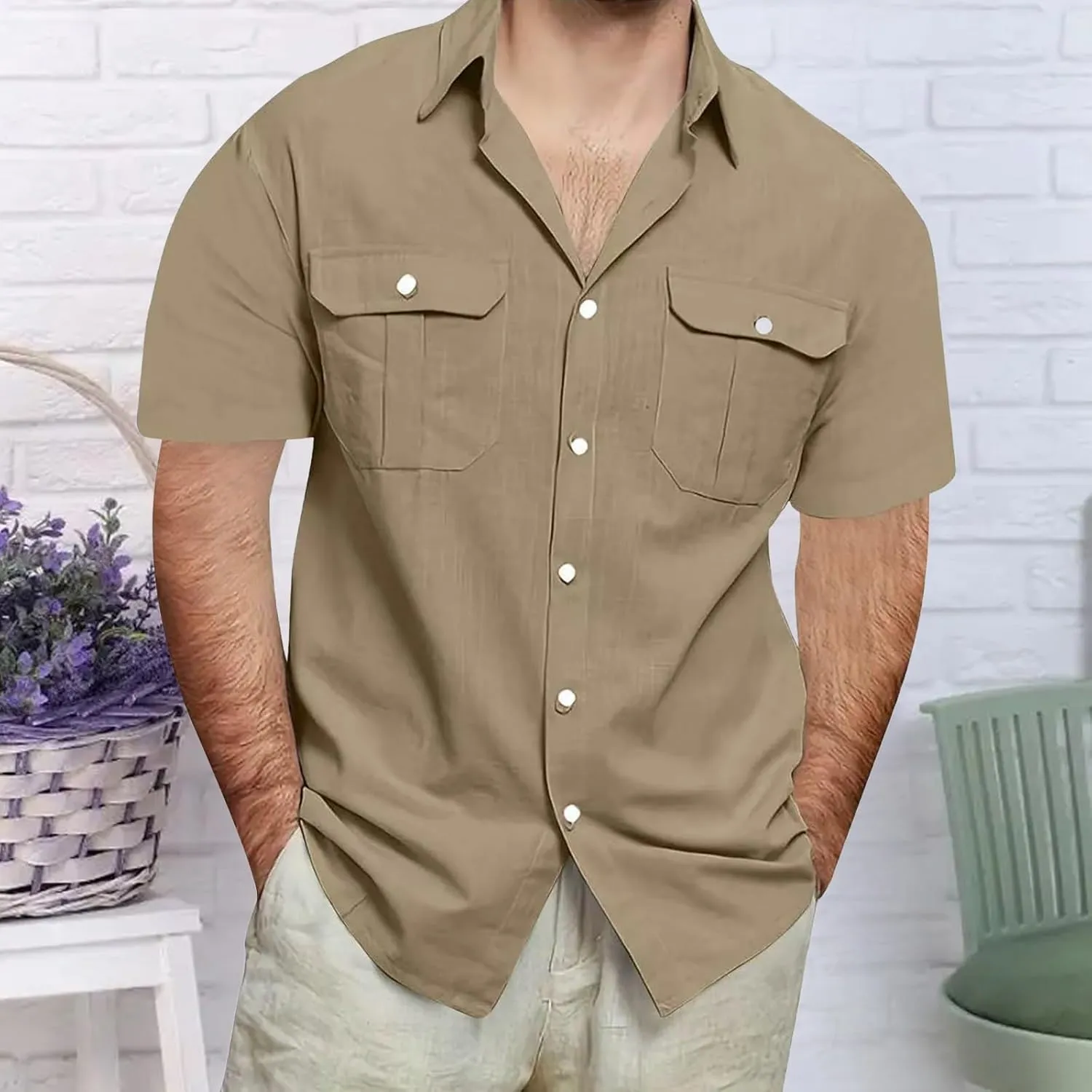Men's Linen Shirts Casual Short Sleeve Button Down Cotton Shirt Lightweight Casual Summer Collared T-Shirt with Pocket