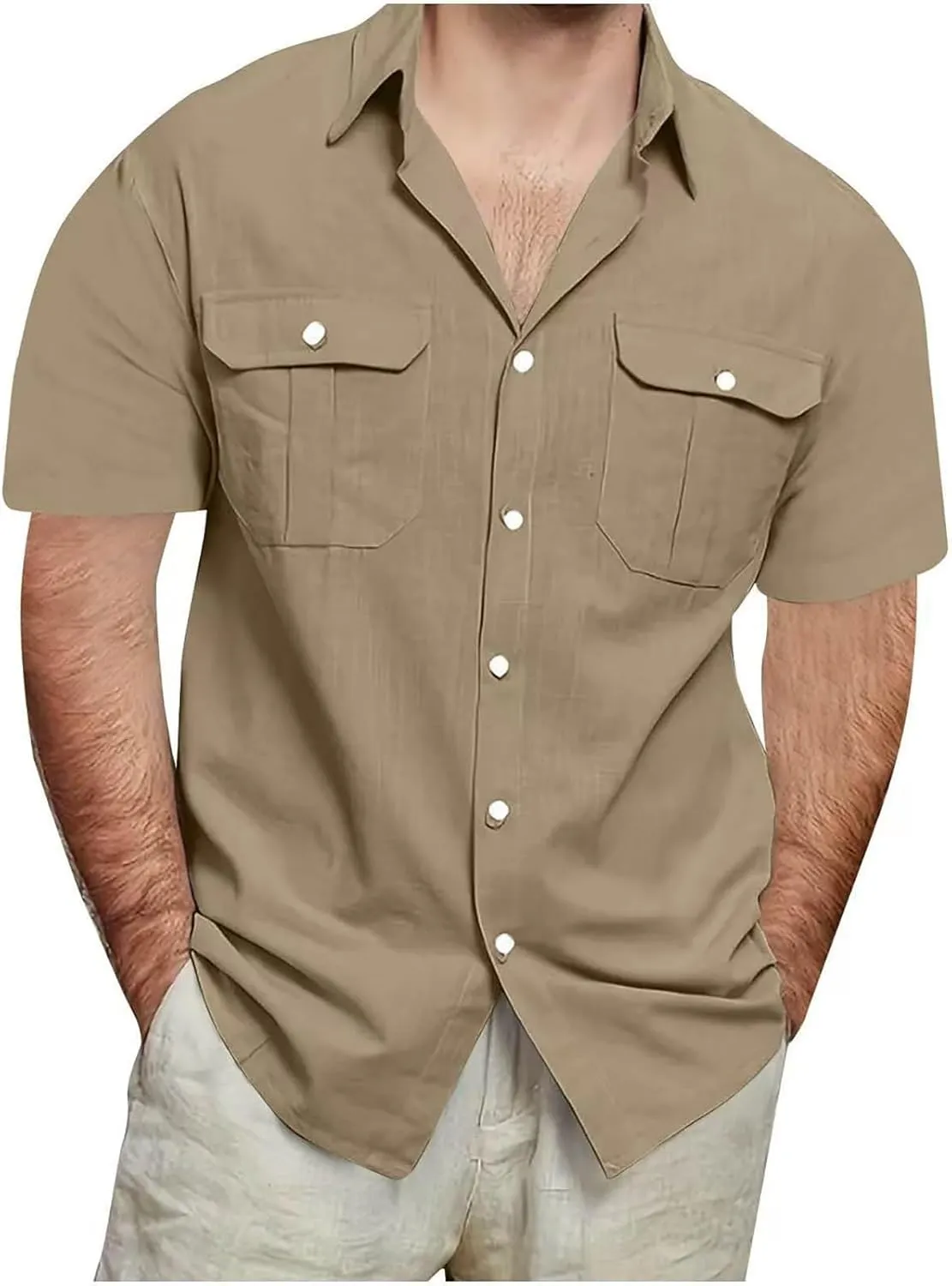 Men's Linen Shirts Casual Short Sleeve Button Down Cotton Shirt Lightweight Casual Summer Collared T-Shirt with Pocket