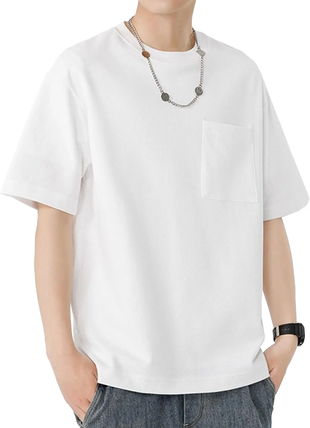 Men's Oversize Solid Cotton Outdoor T-Shirts Baggy Heavyweight Streetwear Tee Casual Crewneck Summer Tee Shirts