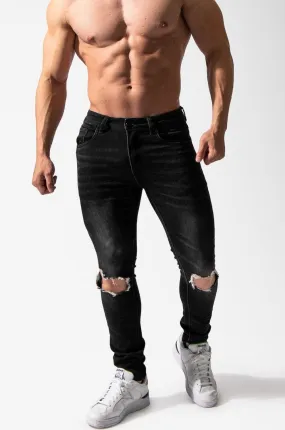 Men's Premium Fitted Stretchy Jeans - Knee Ripped Black