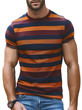 Men's Retro Colorful Stripe Printed Casual Round Neck Short Sleeve T-Shirt