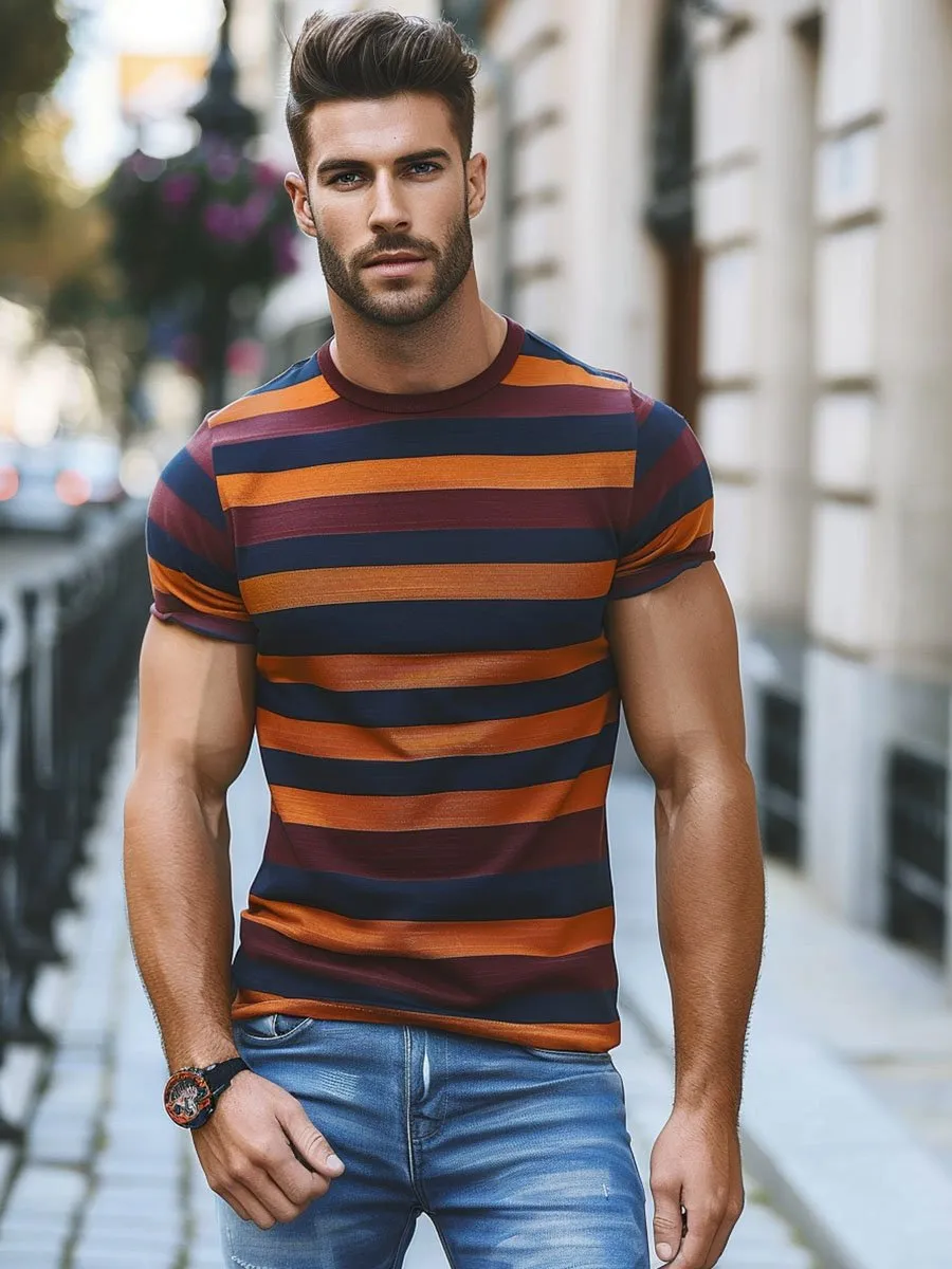 Men's Retro Colorful Stripe Printed Casual Round Neck Short Sleeve T-Shirt