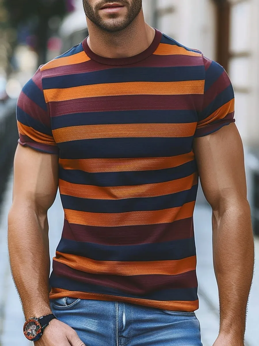 Men's Retro Colorful Stripe Printed Casual Round Neck Short Sleeve T-Shirt