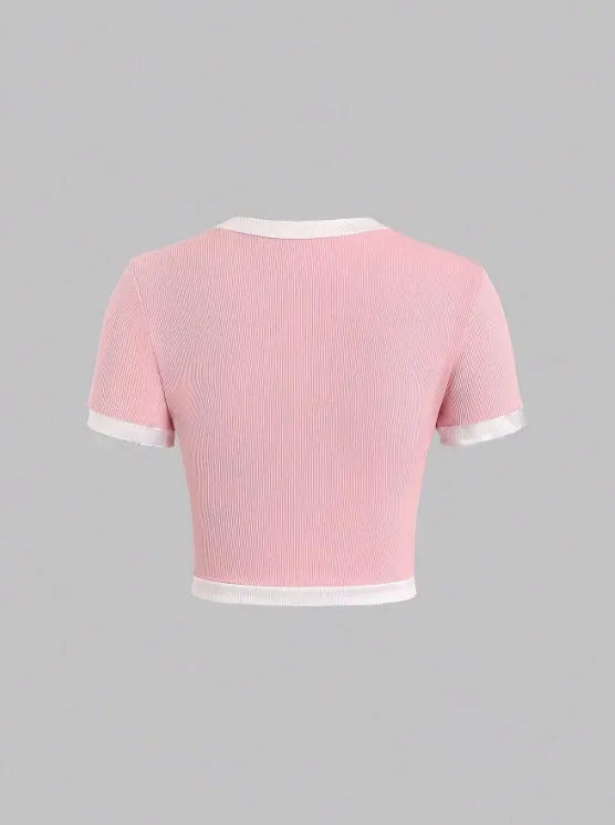 Parien MOD Pink Contrast Trim Tie Front Top
