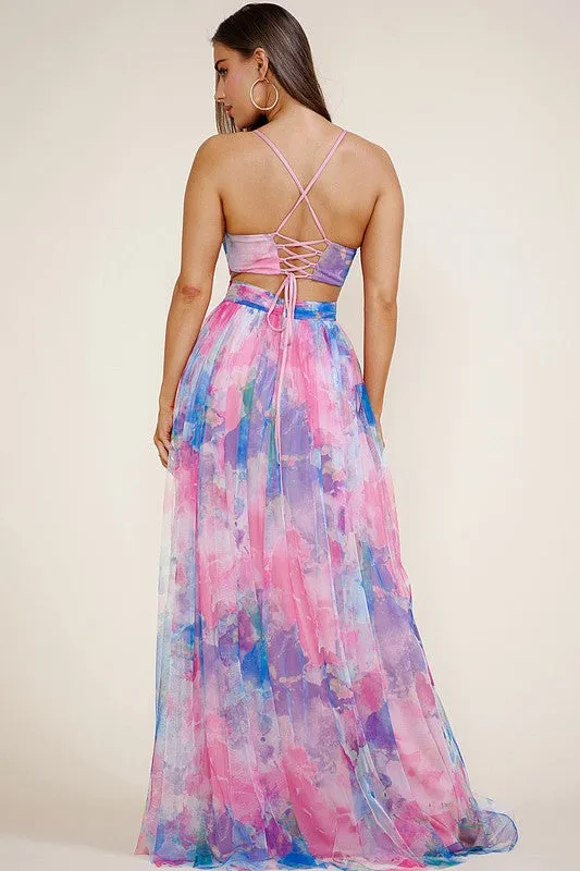 Pink Multi Lace Up Back Tie Dye Maxi Dress