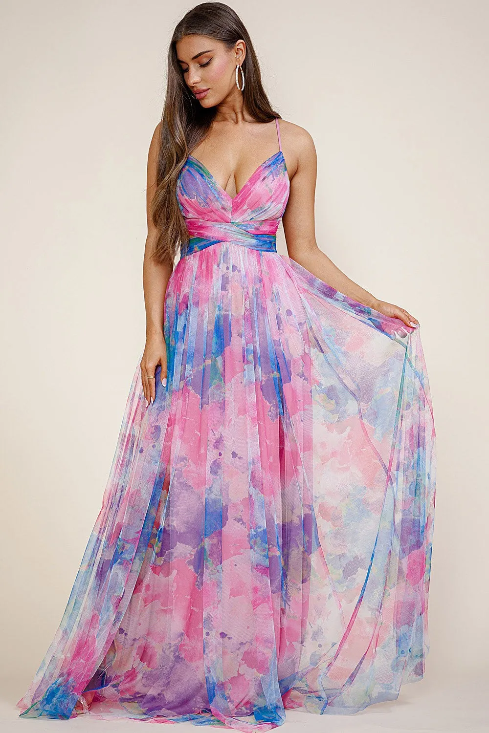 Pink Multi Lace Up Back Tie Dye Maxi Dress