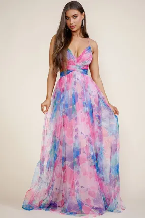 Pink Multi Lace Up Back Tie Dye Maxi Dress