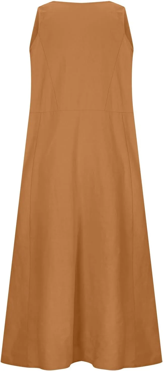 Plus Size Summer Dresses for Women Casual Sleeveless Linen Tank Dress 2025 Solid Beach Sun Dresses with Pockets