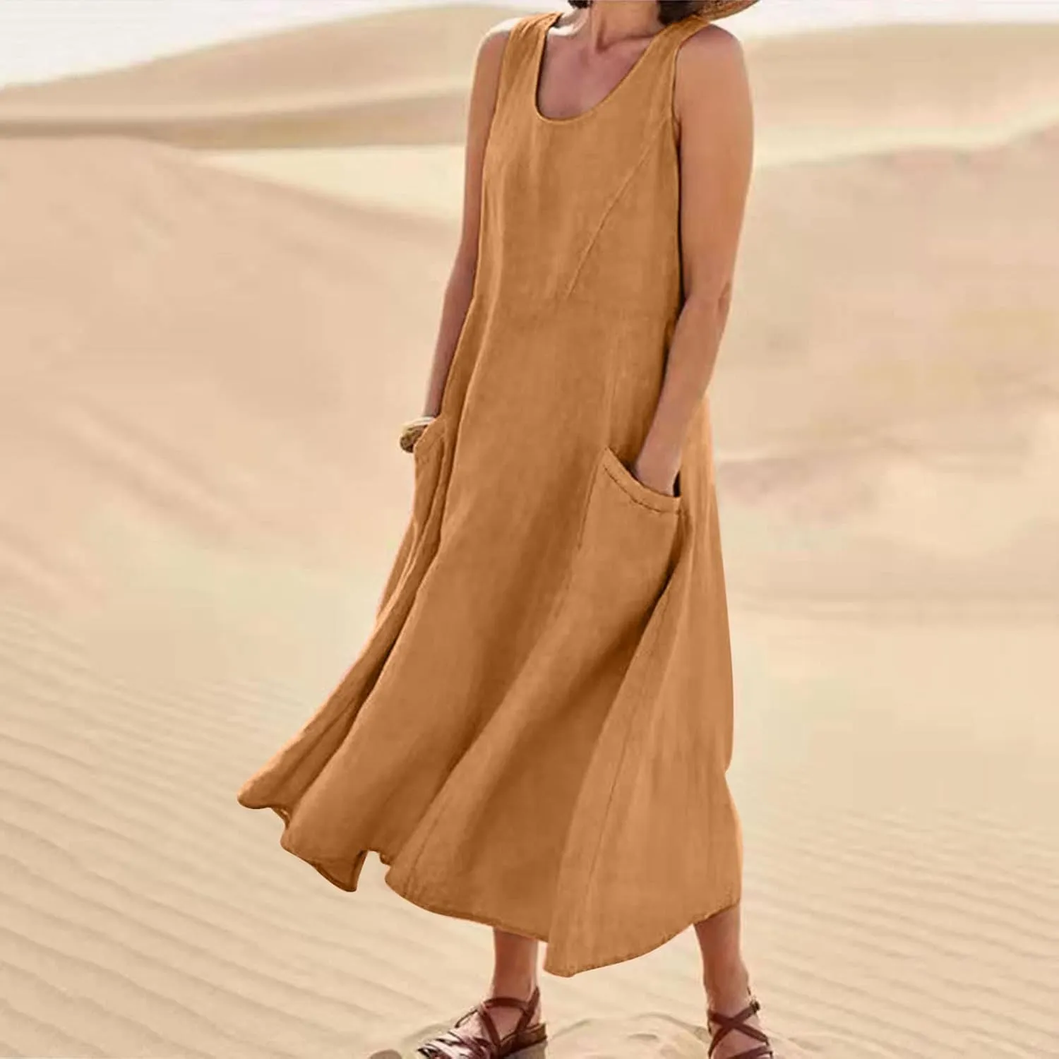 Plus Size Summer Dresses for Women Casual Sleeveless Linen Tank Dress 2025 Solid Beach Sun Dresses with Pockets