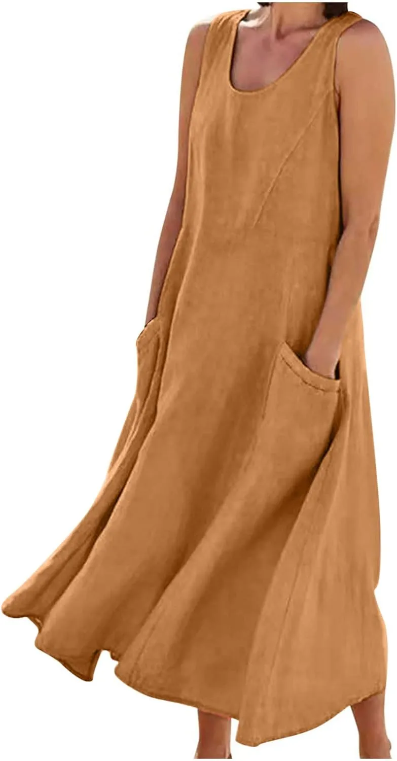 Plus Size Summer Dresses for Women Casual Sleeveless Linen Tank Dress 2025 Solid Beach Sun Dresses with Pockets