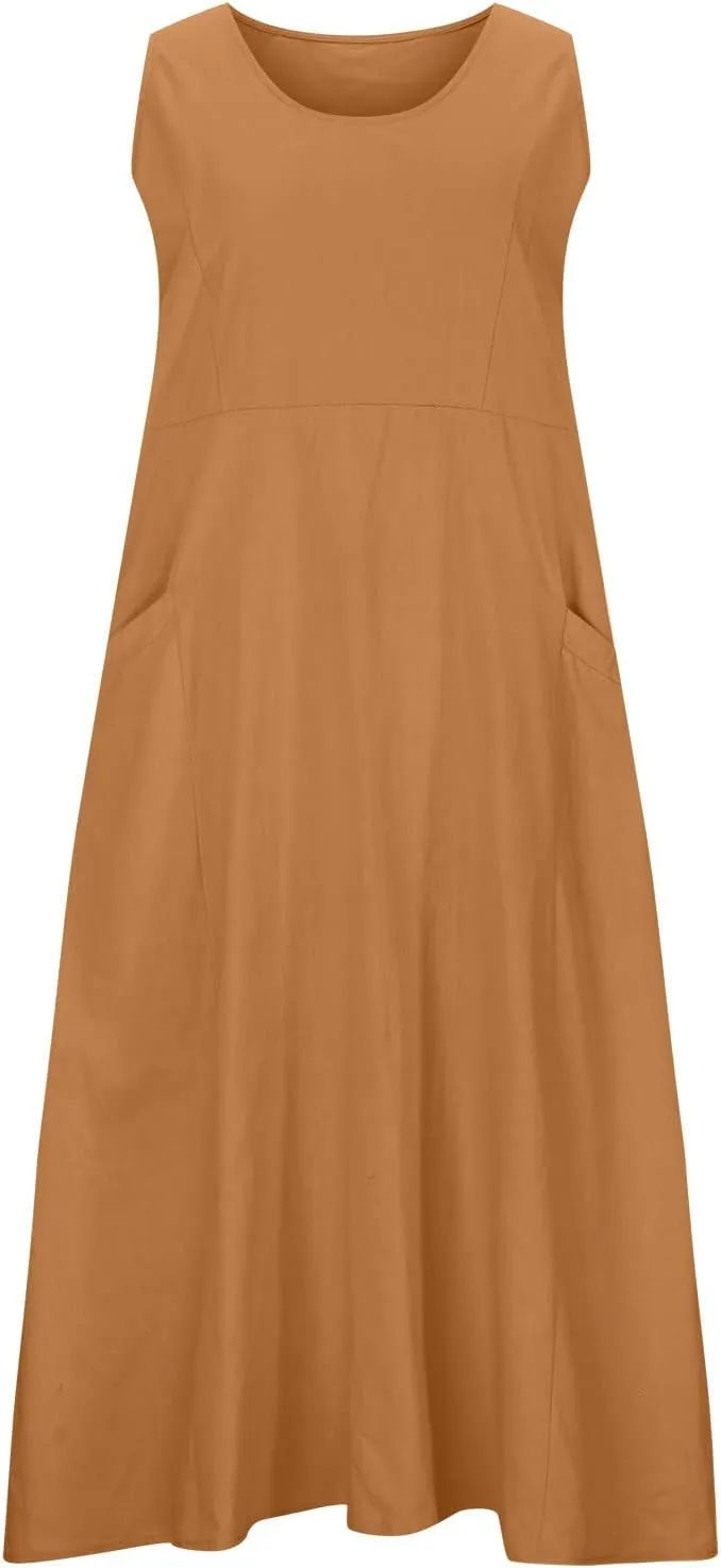Plus Size Summer Dresses for Women Casual Sleeveless Linen Tank Dress 2025 Solid Beach Sun Dresses with Pockets