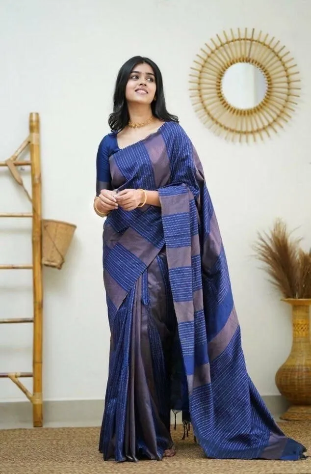 Propinquity Navy Blue Soft Silk Saree With Glamorous Blouse Piece