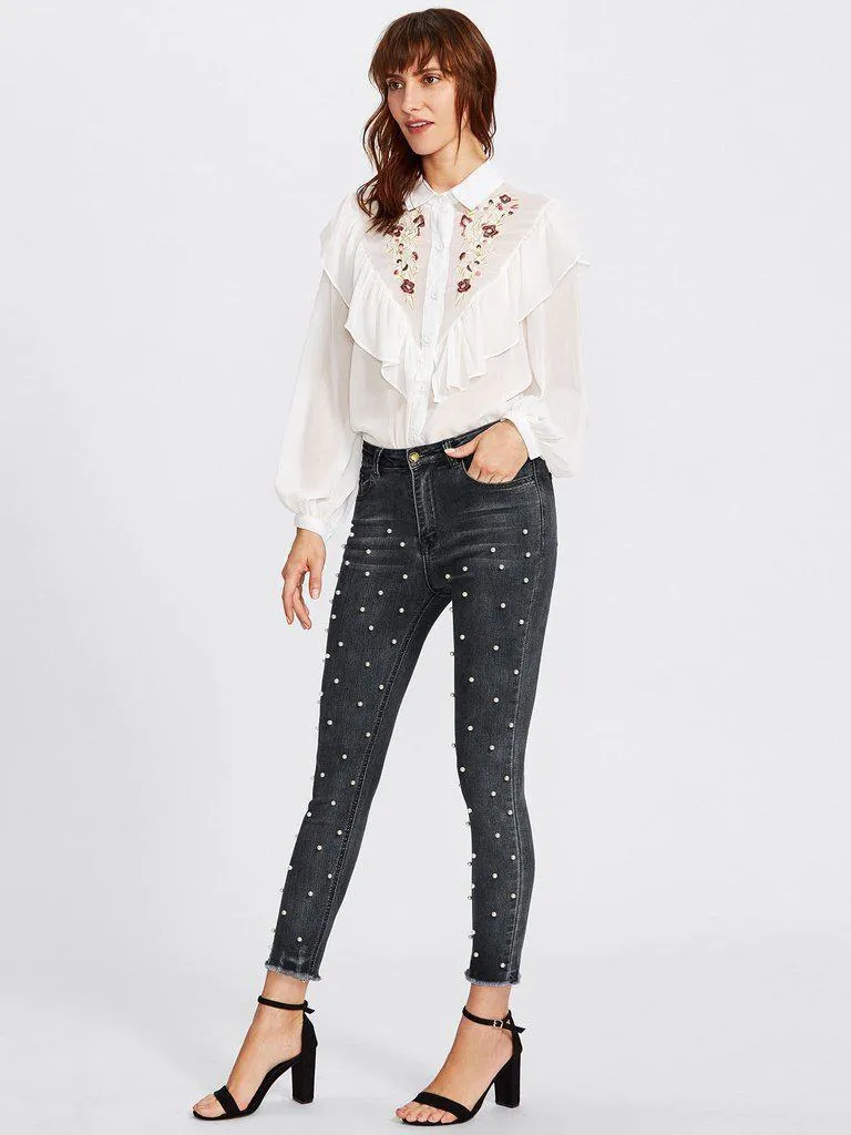 Raw Hem Faux Pearl Detail Jeans