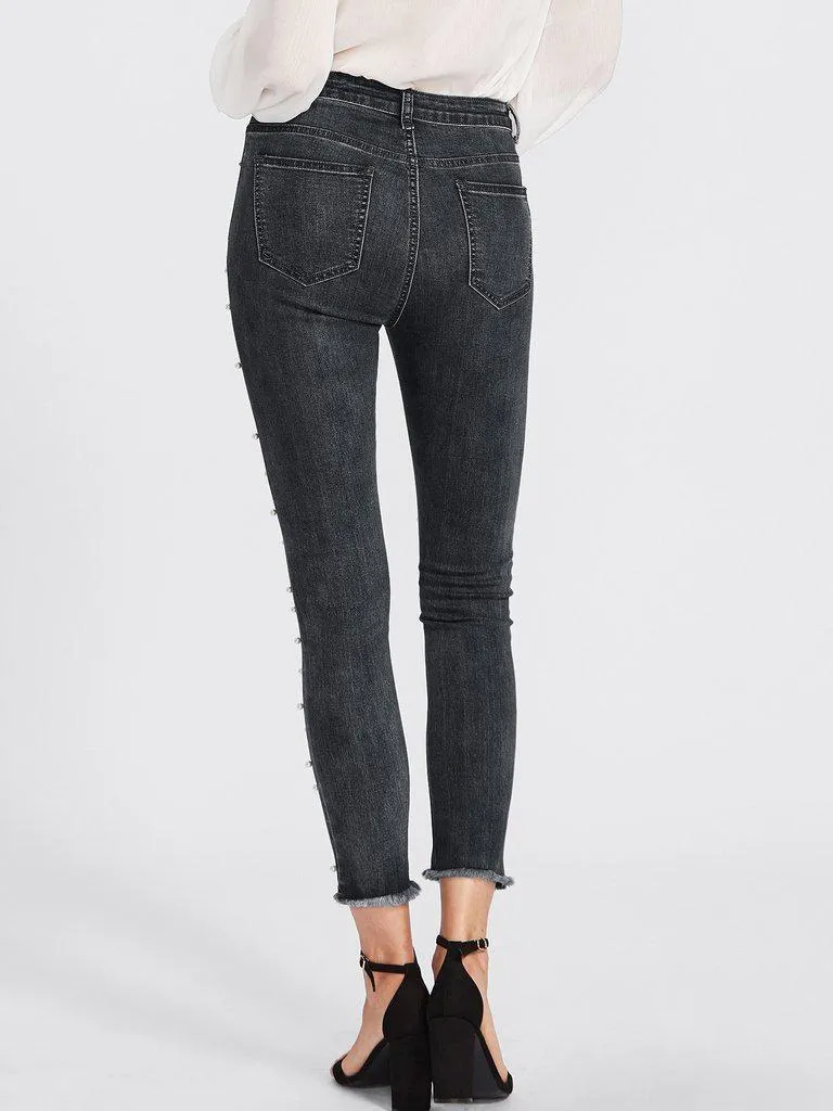 Raw Hem Faux Pearl Detail Jeans