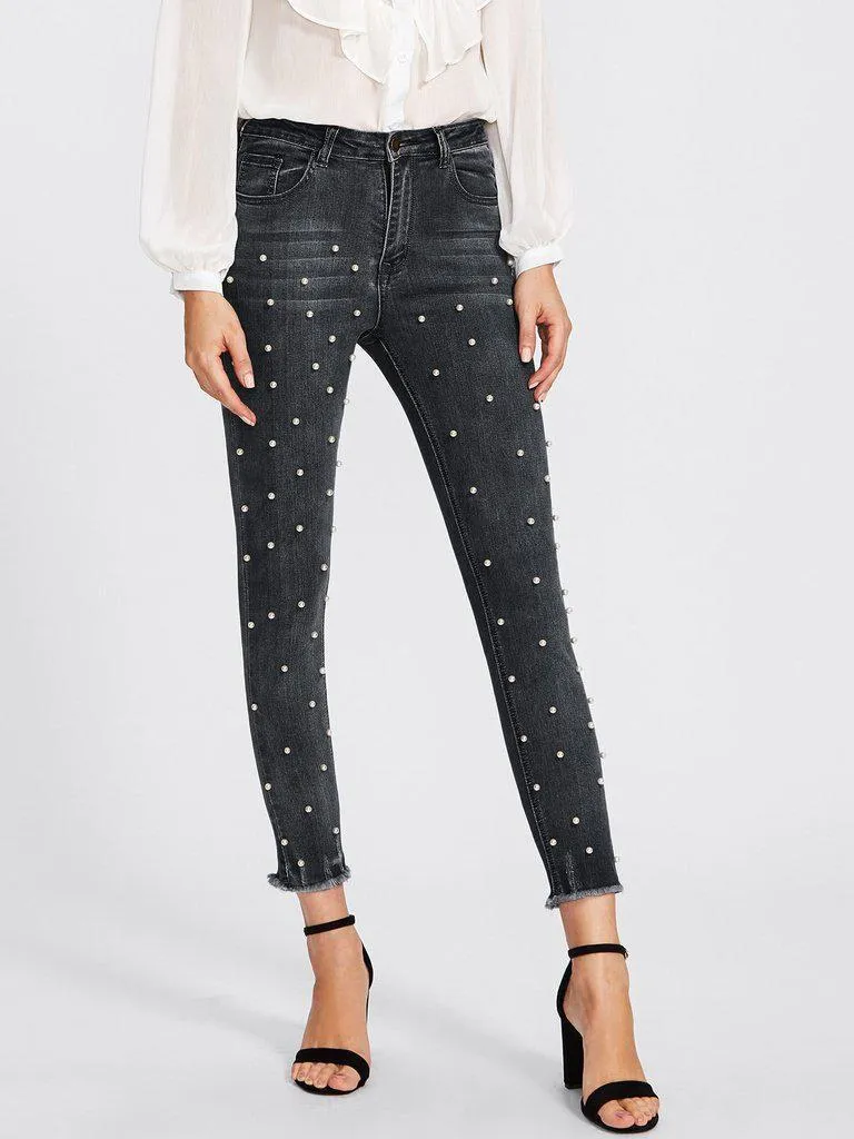 Raw Hem Faux Pearl Detail Jeans