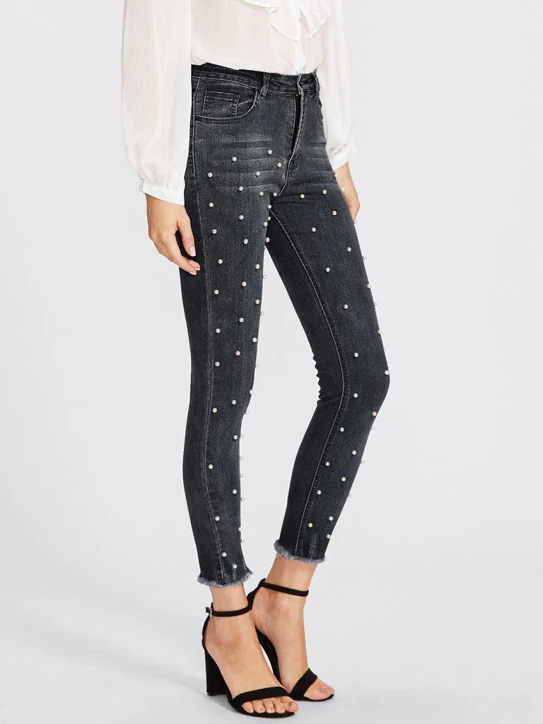 Raw Hem Faux Pearl Detail Jeans