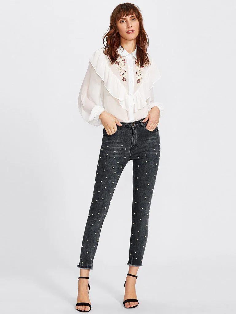 Raw Hem Faux Pearl Detail Jeans