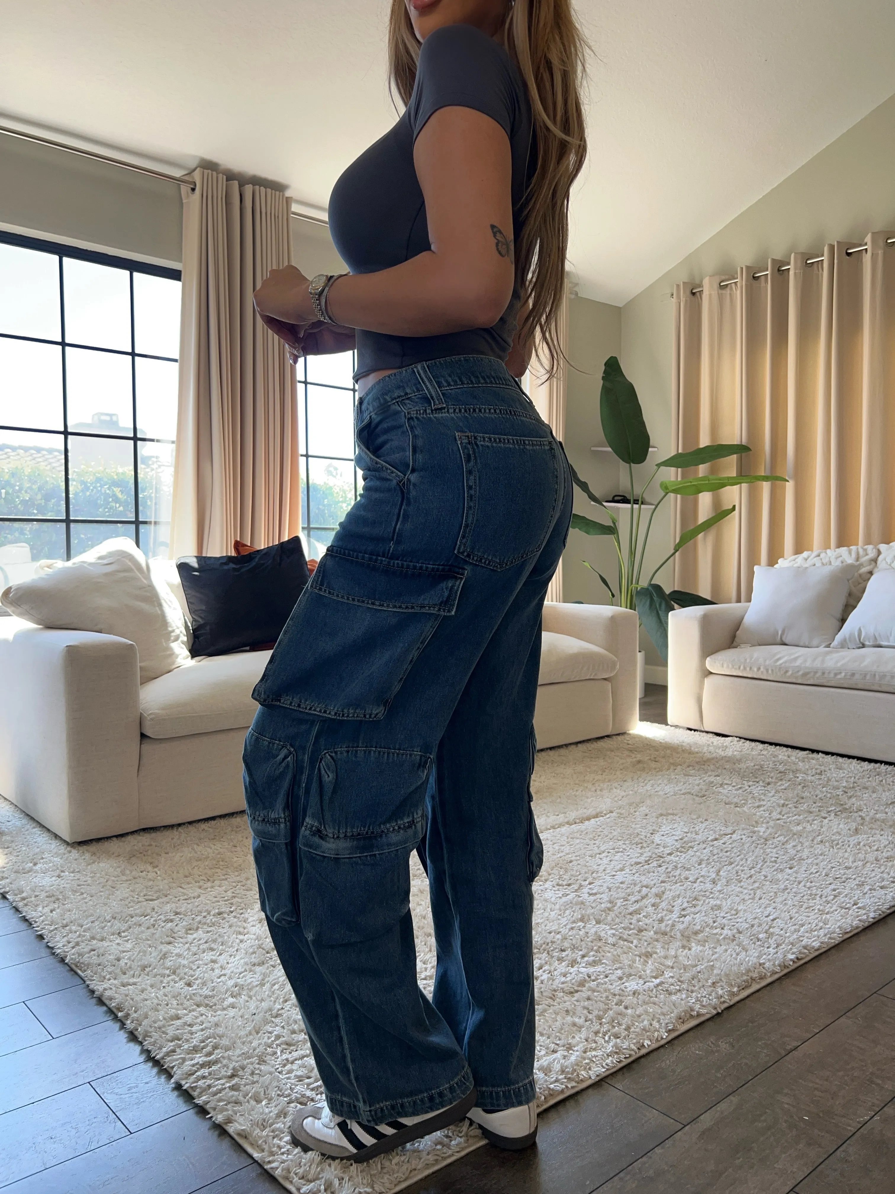 Riley Baggy Cargo Jeans (Dark Denim)