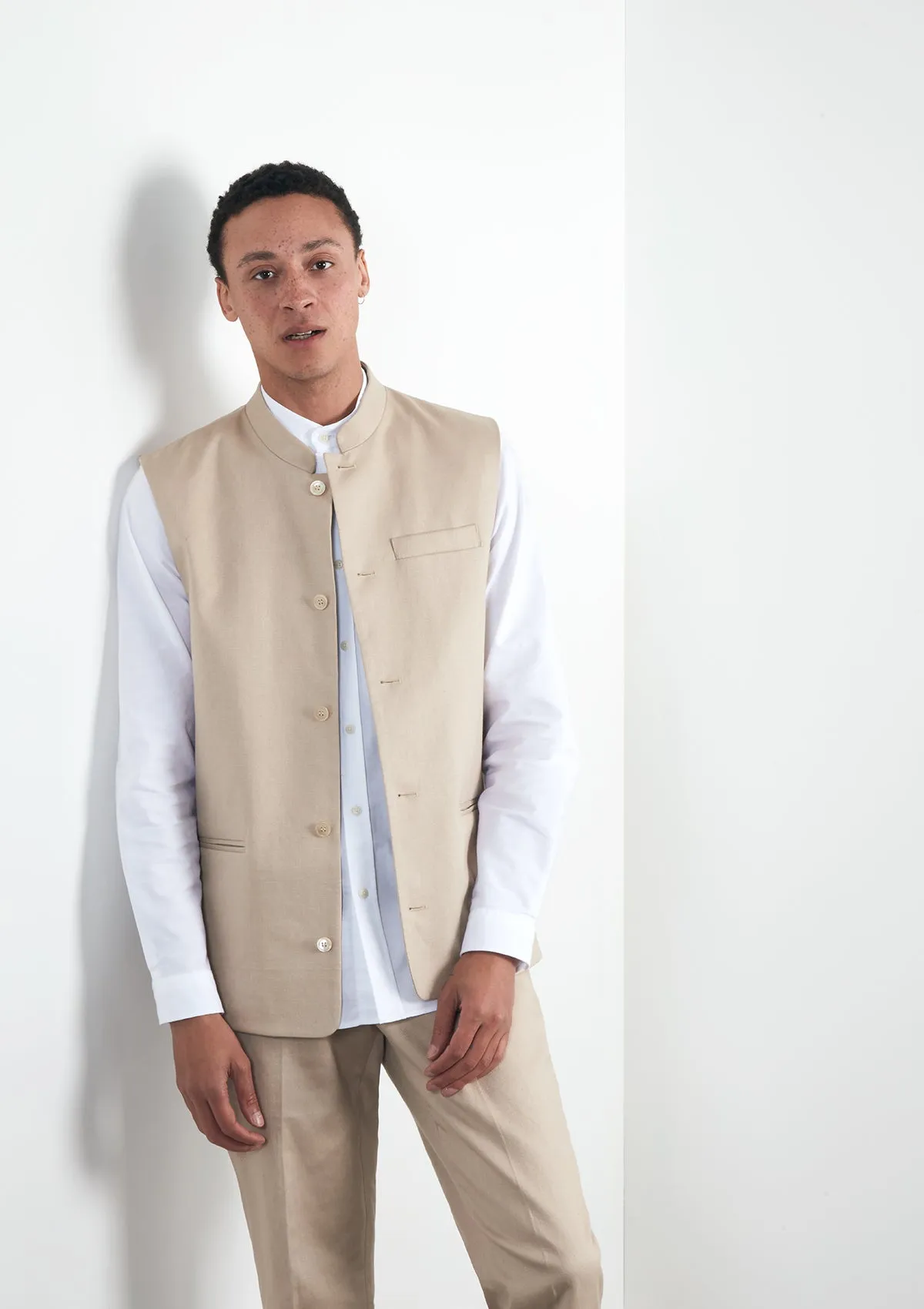 Sand Cotton Linen Nehru Waistcoat