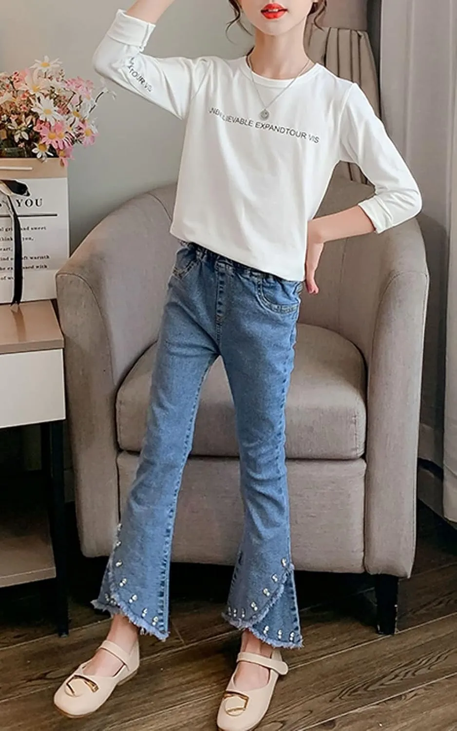 SANGTREE Girls Stretchy Bootcut Jeans,3-13 Years