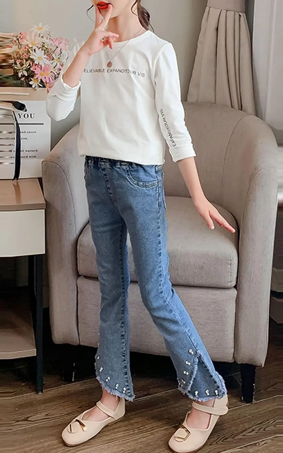 SANGTREE Girls Stretchy Bootcut Jeans,3-13 Years