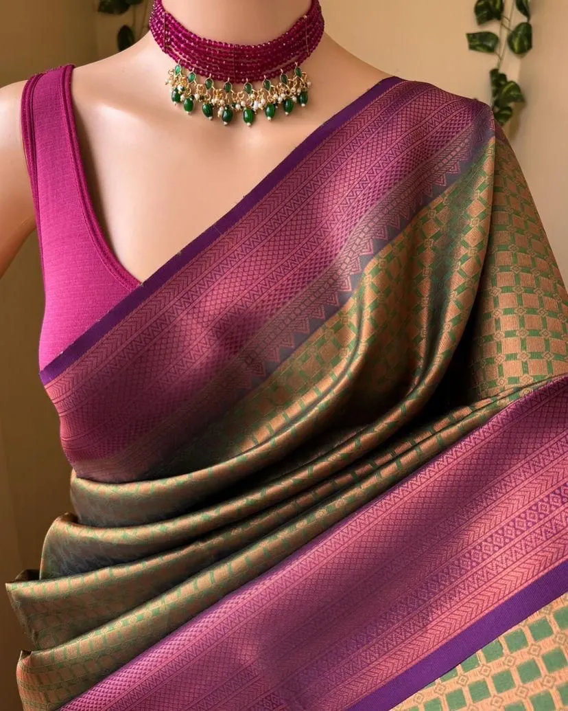 Seraphic Mehndi Soft Silk Saree With Ethereal Blouse Piece
