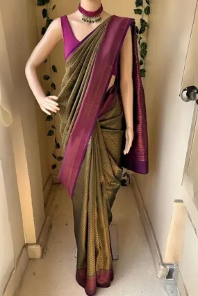 Seraphic Mehndi Soft Silk Saree With Ethereal Blouse Piece
