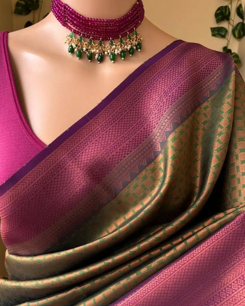 Seraphic Mehndi Soft Silk Saree With Ethereal Blouse Piece