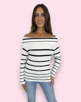 Shaelie Off Shoulder Striped Knit - White