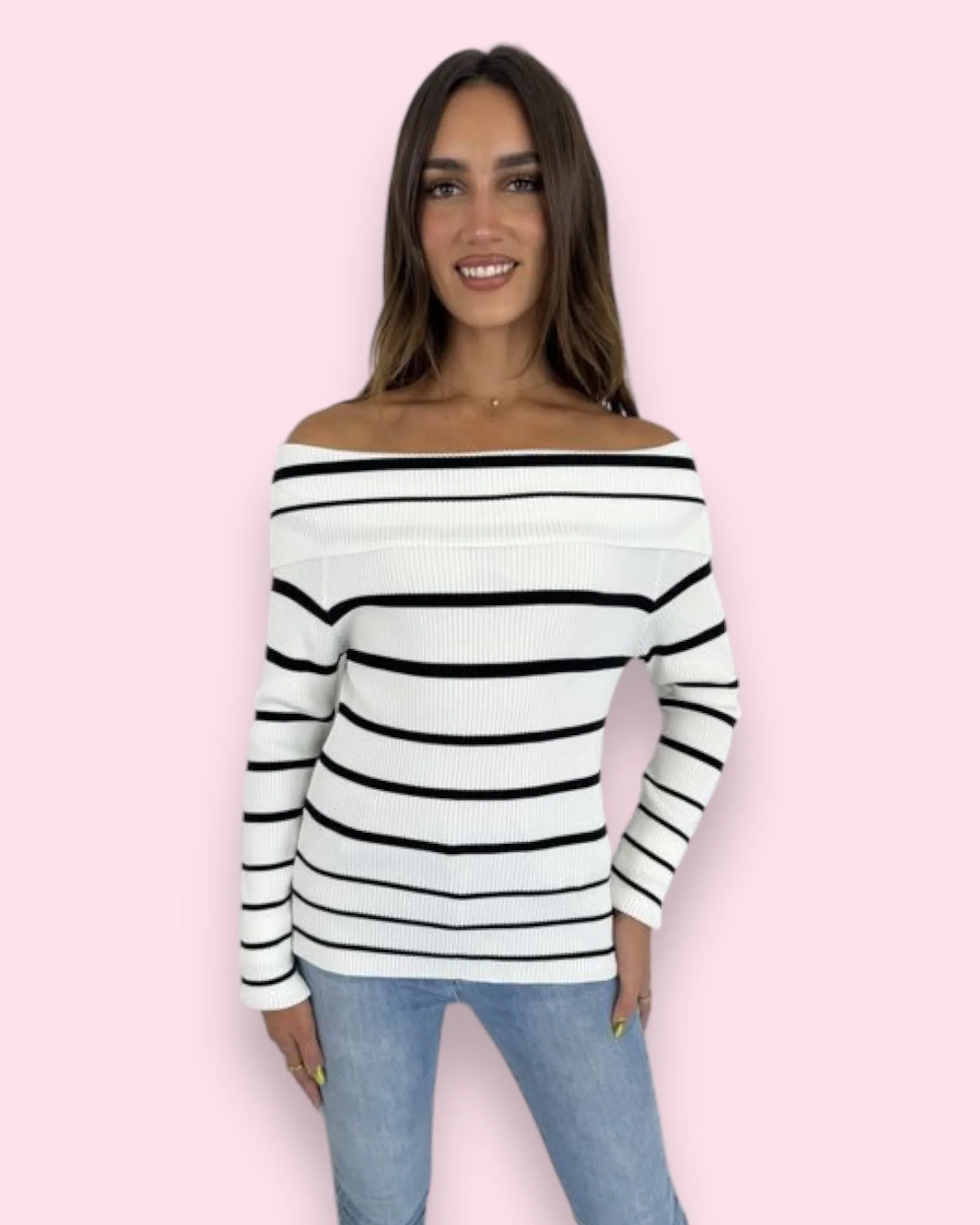 Shaelie Off Shoulder Striped Knit - White